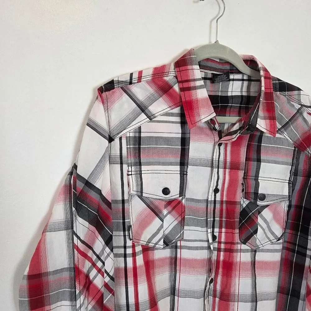 No Fear Men's Pearl Snap Button Up Shirt Western Rodeo 90s Country Red Plaid L